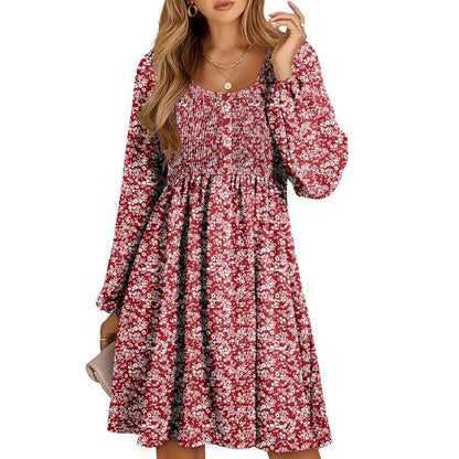 Casual smocked empire waist A-line dress with button-up detail for women | Elowen