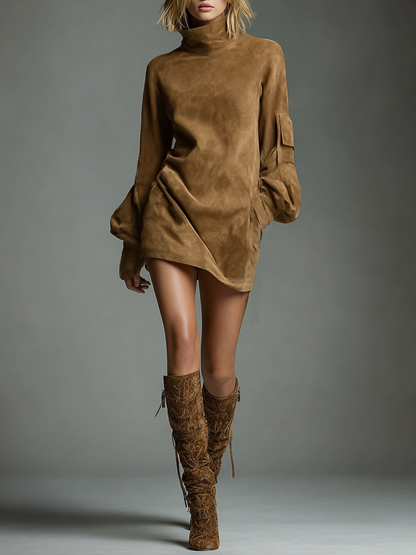 Vintage loose suede turtleneck mini dress for women | Suedette -1