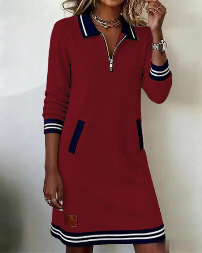 Chic long sleeve zip-front midi dress with pockets Elegant for Women | Elina Core