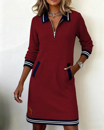Chic long sleeve zip-front midi dress with pockets Elegant for Women | Elina Core