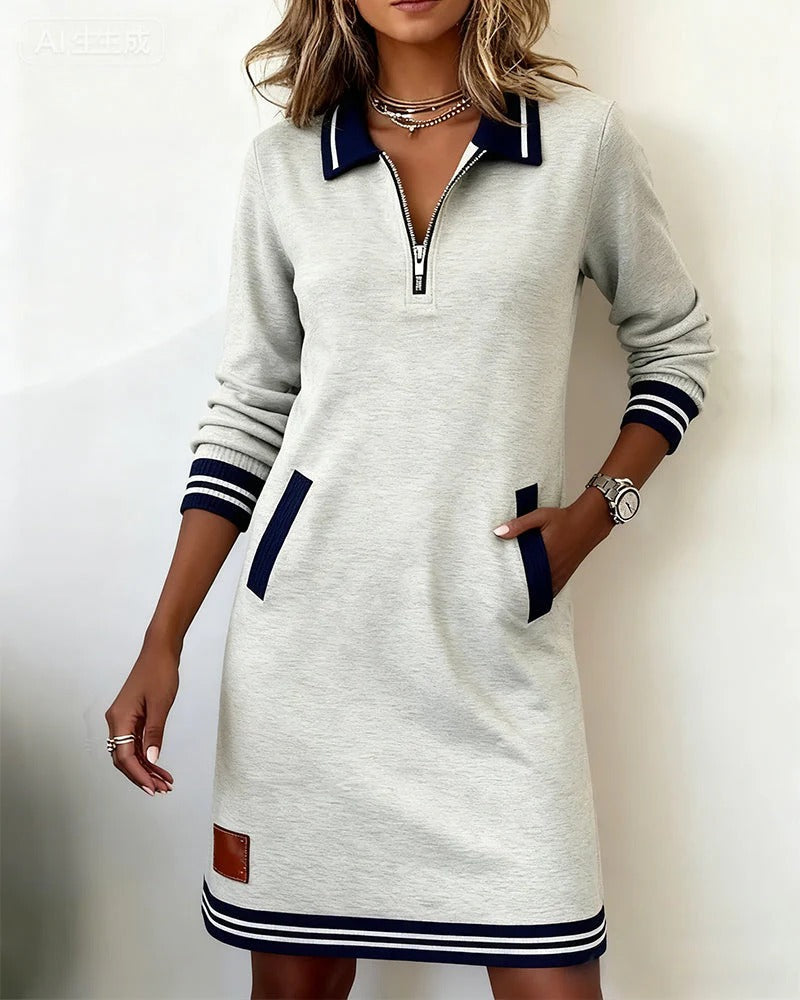 Chic long sleeve zip-front midi dress with pockets Elegant for Women | Elina Core