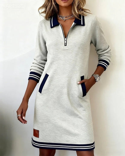 Chic long sleeve zip-front midi dress with pockets Elegant for Women | Elina Core