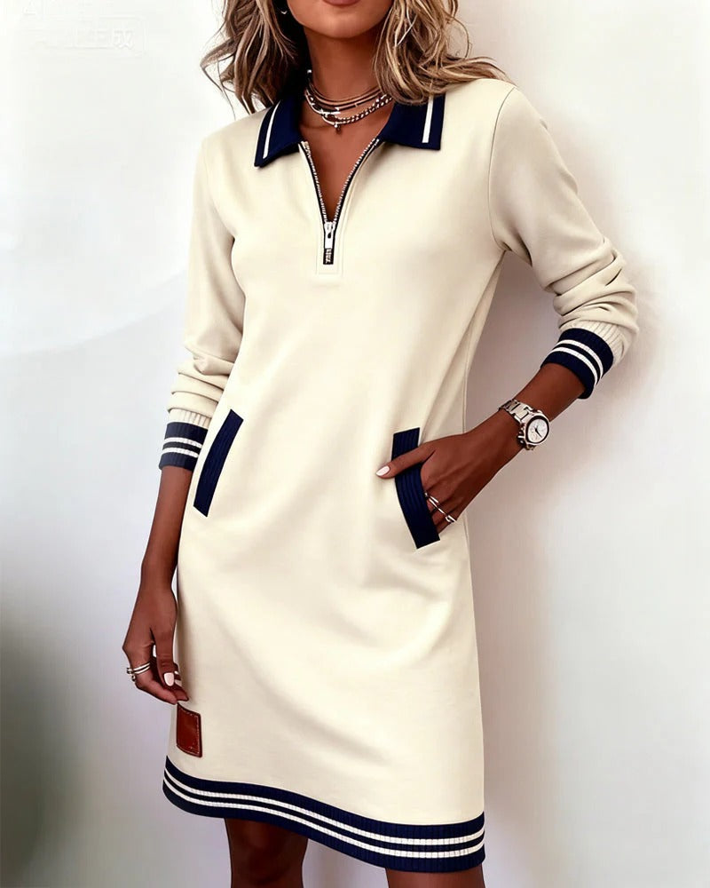 Chic long sleeve zip-front midi dress with pockets Elegant for Women | Elina Core