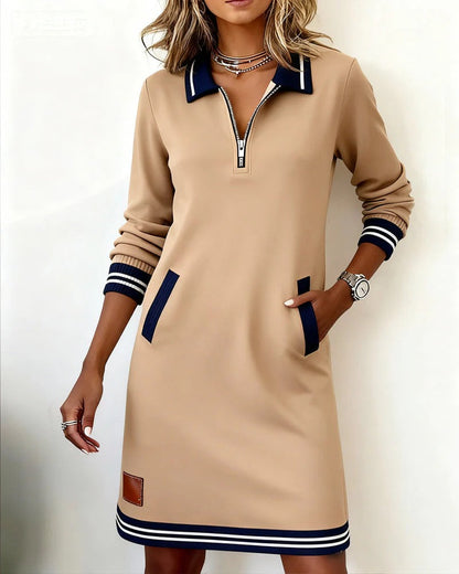 Chic long sleeve zip-front midi dress with pockets Elegant for Women | Elina Core