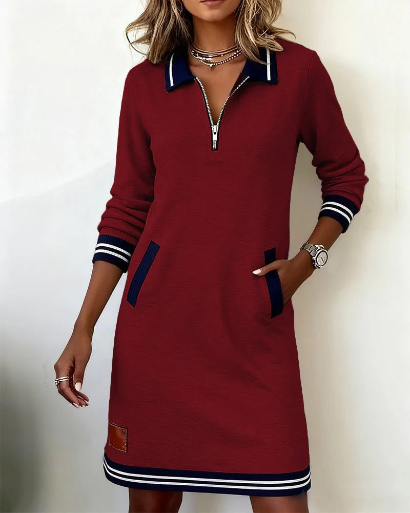 Chic long sleeve zip-front midi dress with pockets Elegant for Women | Elina Core