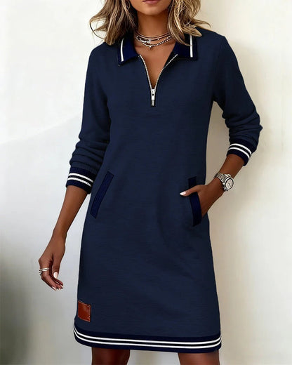 Chic long sleeve zip-front midi dress with pockets Elegant for Women | Elina Core