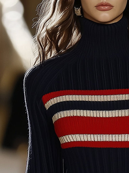 Retro striped high-collar knit dress Chic for Women | Marivelle