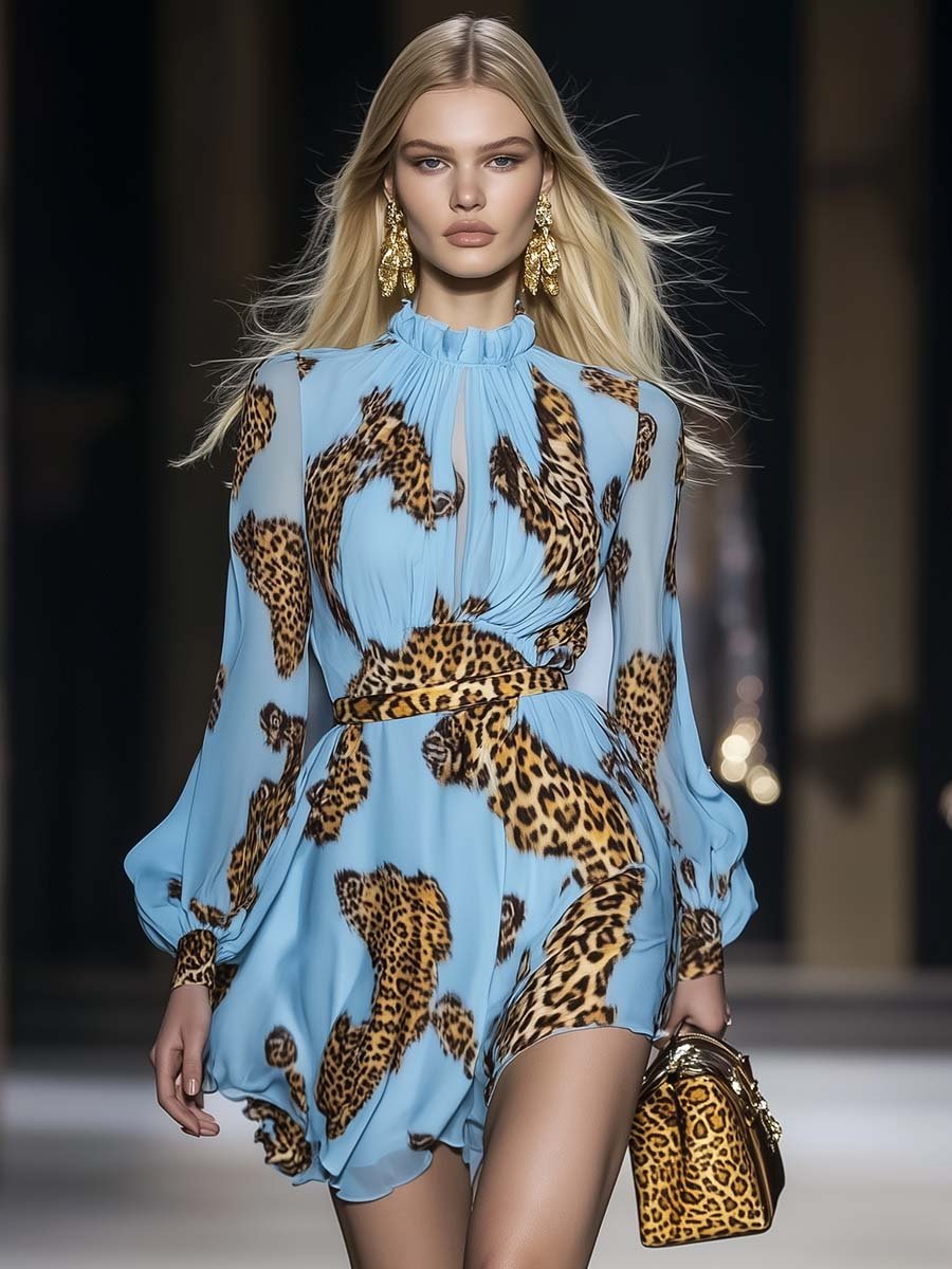 Leopard print chiffon mini dress in sky blue Chic for Women | Kaelira