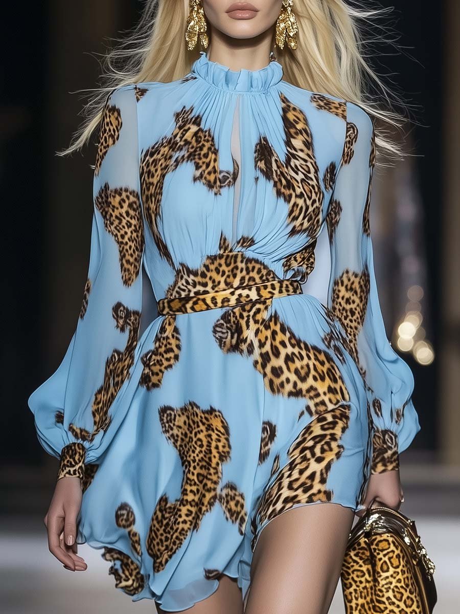 Leopard print chiffon mini dress in sky blue Chic for Women | Kaelira
