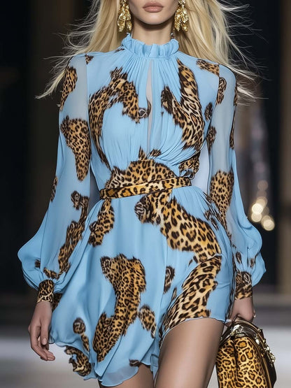 Leopard print chiffon mini dress in sky blue Chic for Women | Kaelira