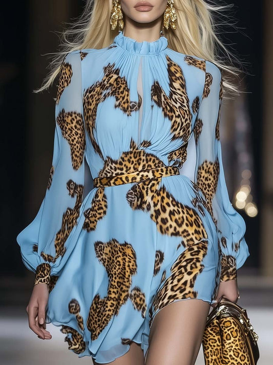 Leopard print chiffon mini dress in sky blue Chic for Women | Kaelira
