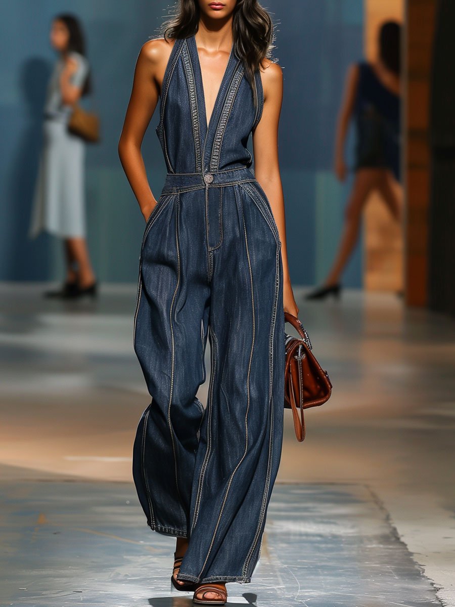 Retro sleeveless wide-leg denim jumpsuit Chic for Women | Zarelle