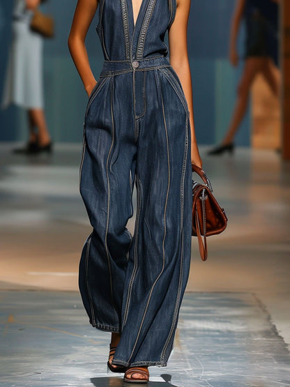 Retro sleeveless wide-leg denim jumpsuit Chic for Women | Zarelle