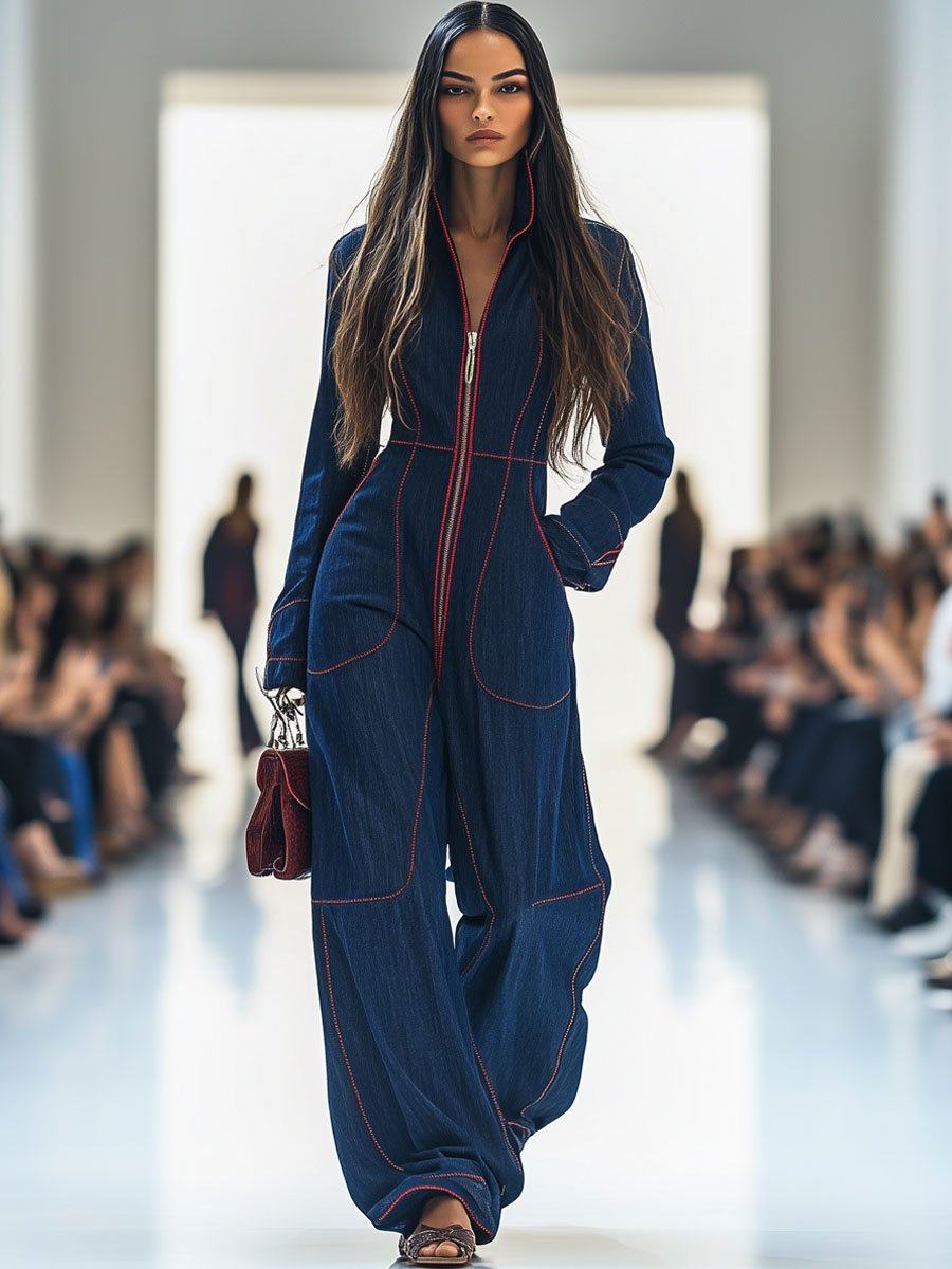 Retro wide-leg denim jumpsuit with contrast stitching Chic for Women | Rosmira