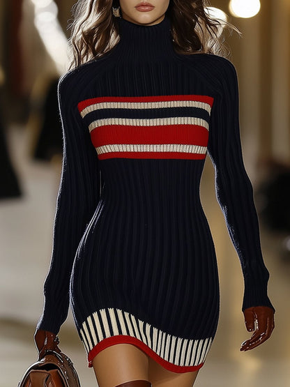 Retro striped high-collar knit dress Chic for Women | Marivelle