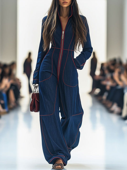 Retro wide-leg denim jumpsuit with contrast stitching Chic for Women | Rosmira