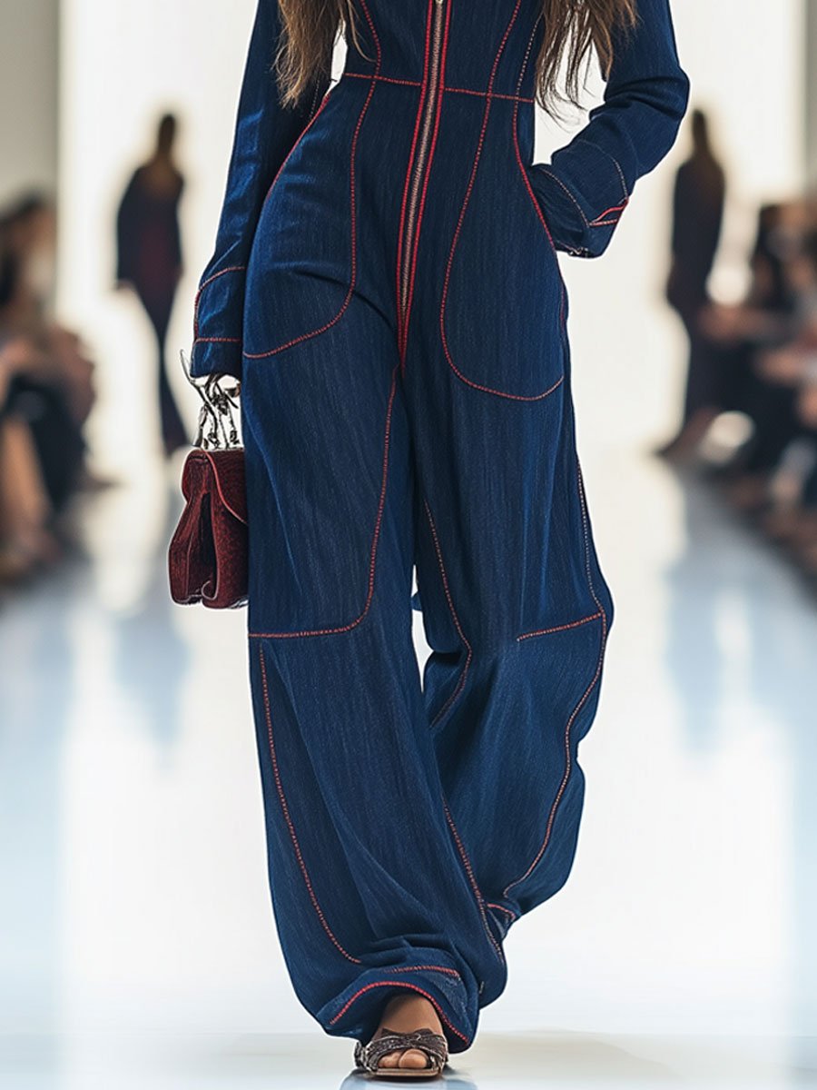Retro wide-leg denim jumpsuit with contrast stitching Chic for Women | Rosmira