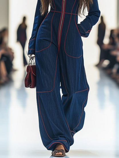 Retro wide-leg denim jumpsuit with contrast stitching Chic for Women | Rosmira