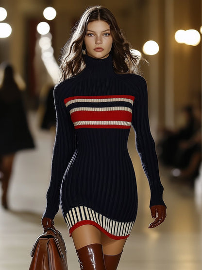 Retro striped high-collar knit dress Chic for Women | Marivelle