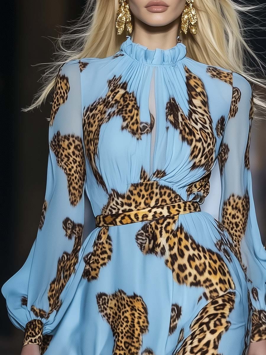 Leopard print chiffon mini dress in sky blue Chic for Women | Kaelira