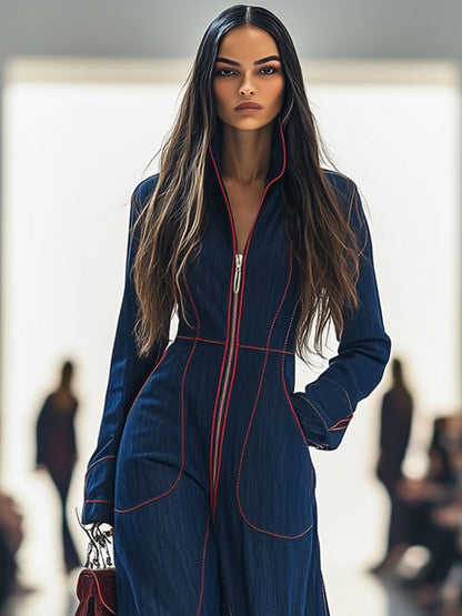 Retro wide-leg denim jumpsuit with contrast stitching Chic for Women | Rosmira