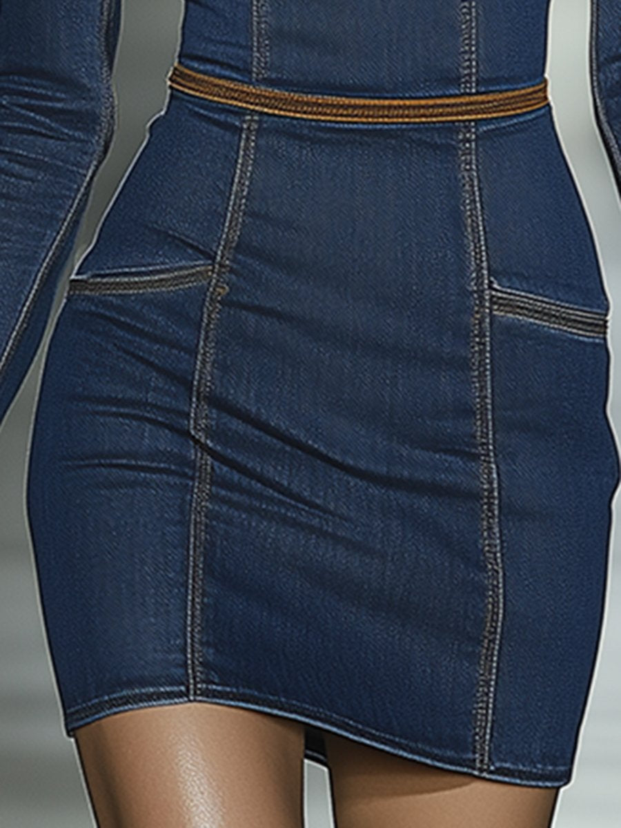 Artistic blue denim mini dress with contrast stitching Chic for Women | Calista