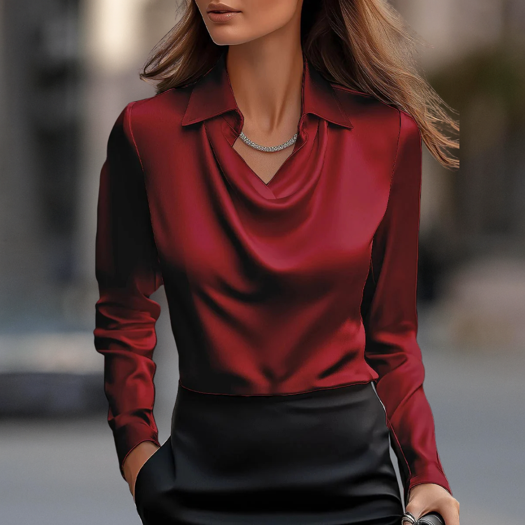 Draped-neck satin everyday blouse for women | Valentina -11