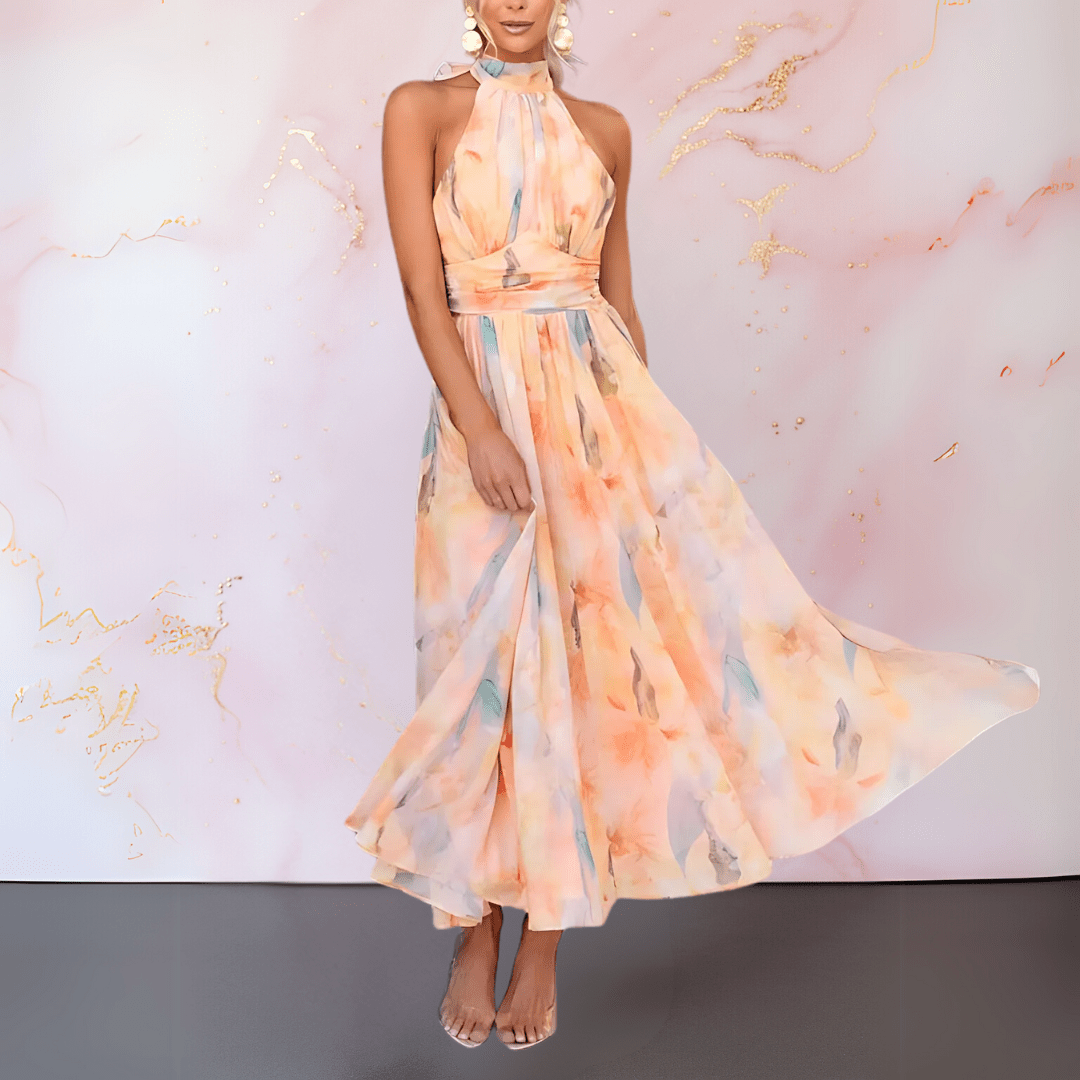 Halterneck watercolour print midi dress for women | Esther -2