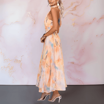 Halterneck watercolour print midi dress for women | Esther -4