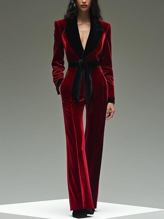 Colorblock velvet jumpsuit with lapel and belt Chic for Women | Velmora