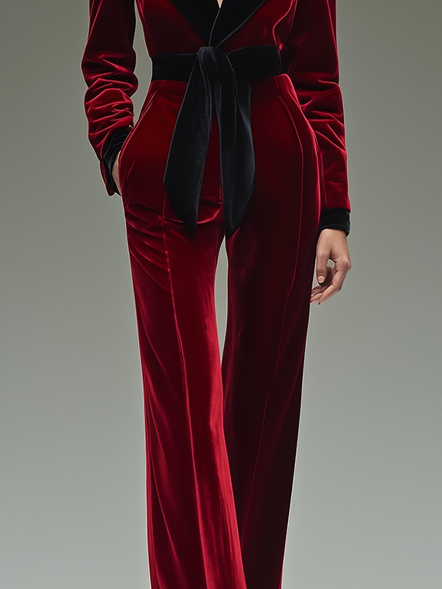 Colorblock velvet jumpsuit with lapel and belt Chic for Women | Velmora