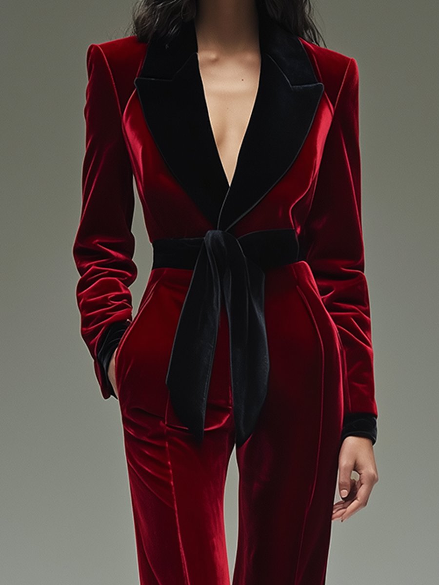 Colorblock velvet jumpsuit with lapel and belt Chic for Women | Velmora