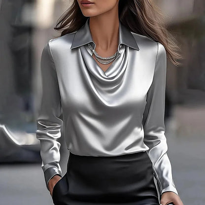 Draped-neck satin everyday blouse for women | Valentina -1