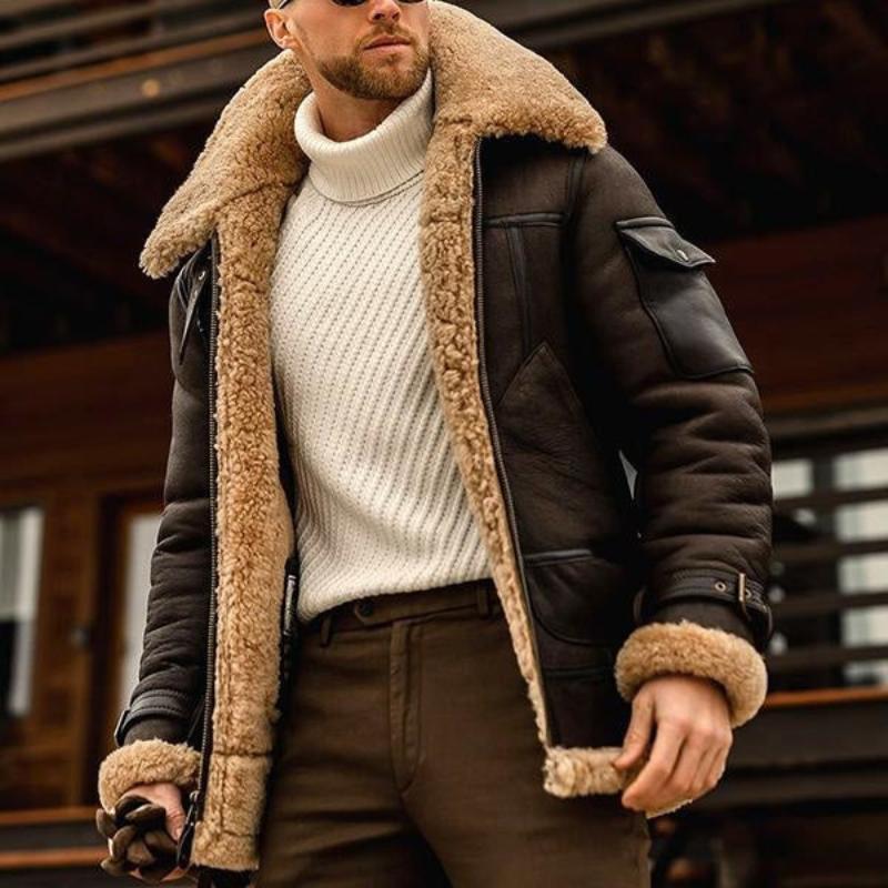 Vintage warm lapel multi-pocket winter coat for men | Lambswool -3