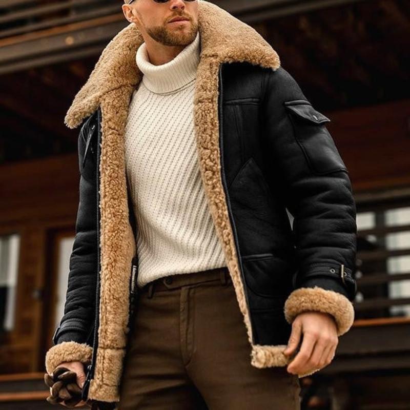 Vintage warm lapel multi-pocket winter coat for men | Lambswool -4